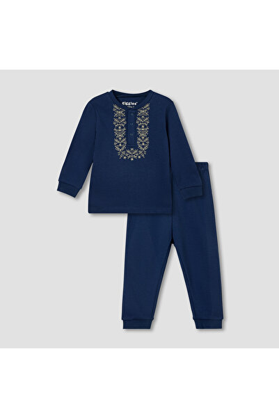 giggles Pyjama Set with Embroidery - Cotton - Long Sleeves - Henley Neck