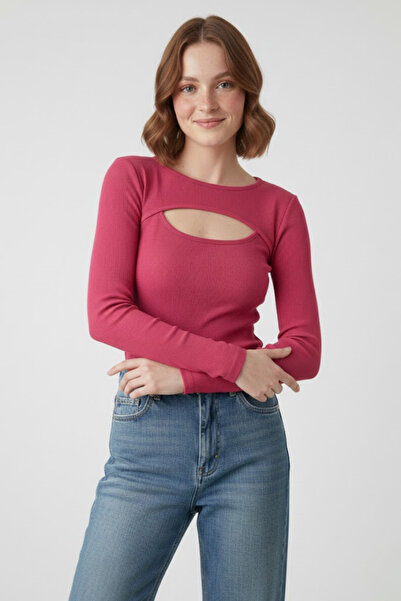 Giyimodam Women's Pink Cotton Ribbed Knit Window Collar Cut Out Detailed Long...