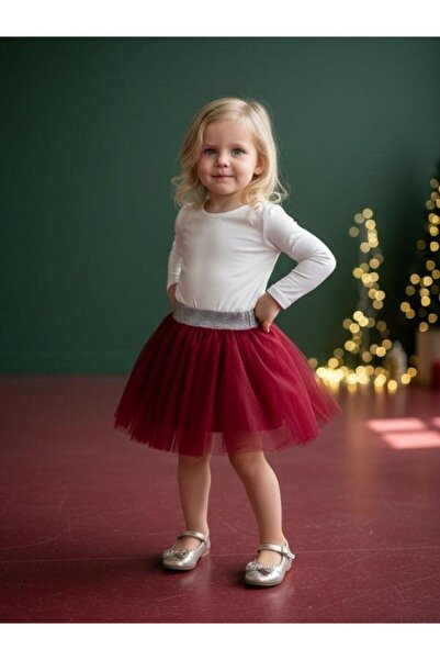 Zekids Girl's Glitter Waist Detailed Burgundy Tutu Skirt