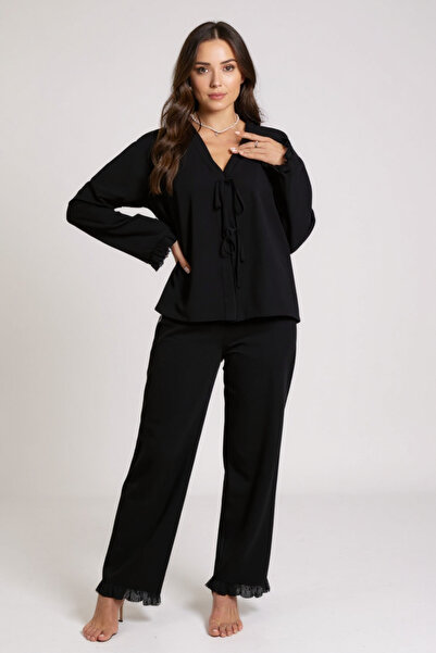 BİLGİMOLA Women's Black Front Tie-Up Long Sleeve Pajama Set with Ruffle Detai...
