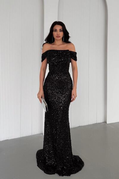 Serica Moda Black Boat Neck Sequined Evening Dress