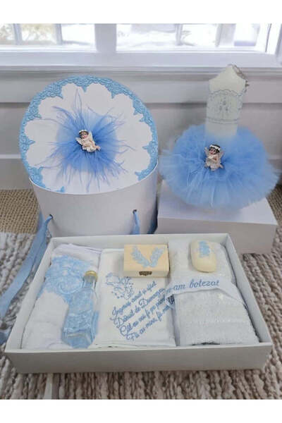 OBSIDION Set Aurora alb-bebe albastru - set botez