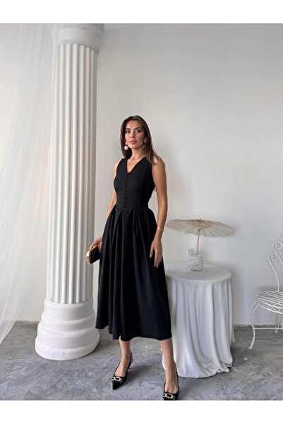 EtikaOnline Kadın Pileli Düğme Detaylı Şık Elbise