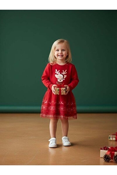 Zekids Детска рокля с коледна тематика с елен и корона