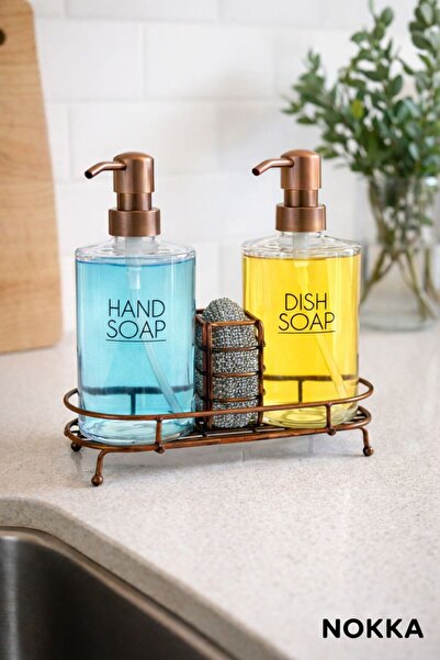 NOKKA Metal Stantlı Süngerlikli 2’li Akrilik Sıvı Sabunluk / Bulaşık Deterjanlık