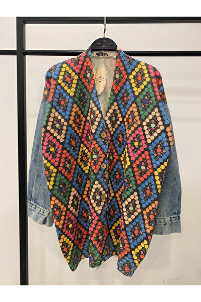 Hatun Atila Long Knit Cardigan with Denim Detail on the Sleeves - 1180