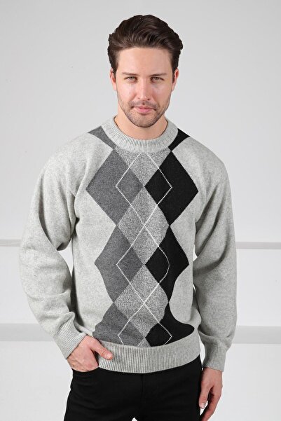 Ferraro سترة رجالية من الصوف بنسبة 100% بنمط هندسي وياقة دائرية باللون الرماد...