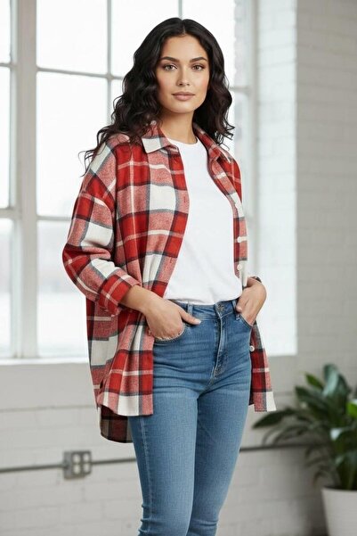 Miss Poem Women's Red and White Plaid Patterned Shirt