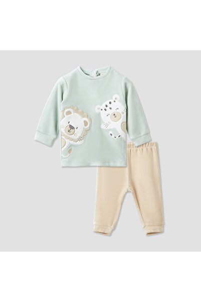 Juniors طقم بيجاما مزين بتطريزات حيوانية - أكمام طويلة - ياقة دائرية