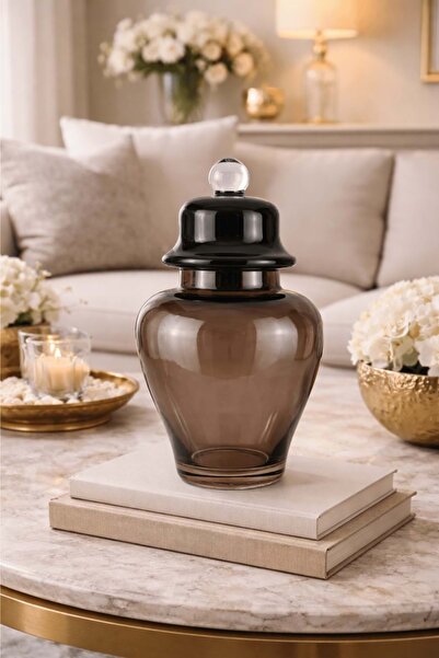 Jenisa وعاء زجاجي بني مزخرف - وعاء سكر مكعب بغطاء زجاجي