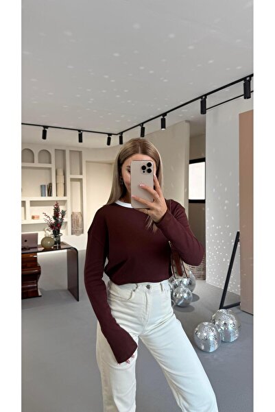 Sezgi Tekin Piping Detail Brown Long Sleeve Basic Sweatshirt