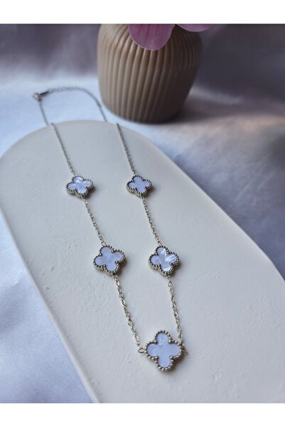 AYRİZ ACCESSORİES Steel Silver and White Color Clover Symbol Necklace