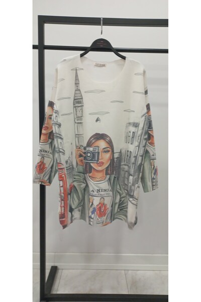 Hatun Atila Hatunatila Digital Printed Crew Neck Long Loose Sweater - 1339