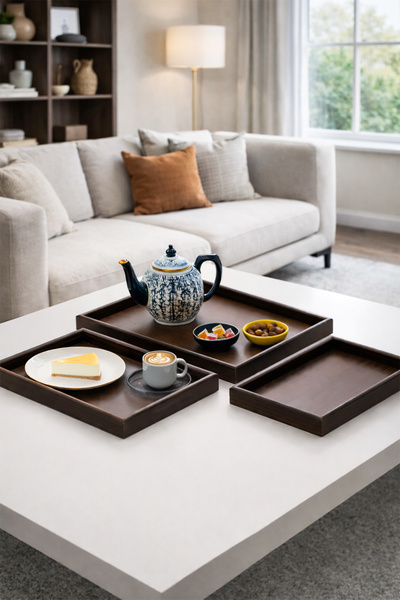 Porsima Wooden Tray Set of 3 Tea Coffee Bamboo Presentation Tray Set