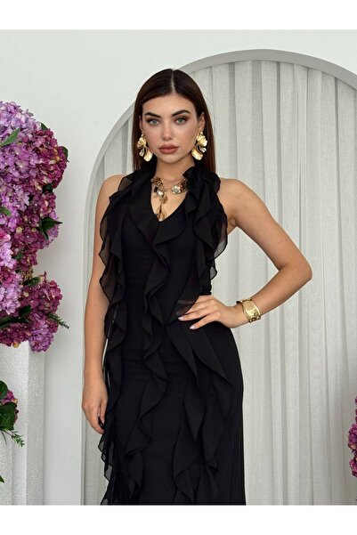 EtikaOnline Halter Yaka Şifon Fırfır Detay Tül Elbise