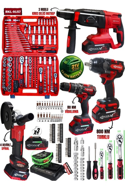 RETOOLS RKL-9157 5'Lİ SET BORDO (800 NM'Lİ 4 LÜ SET + BORDO 216 PARÇA LOKMA TAKIMI)