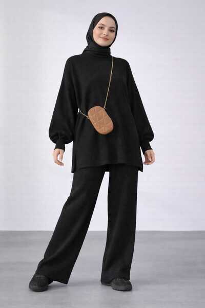 LUVON Black Balloon Sleeve Wide Leg Bottom Top Women's Knitwear Hijab Set
