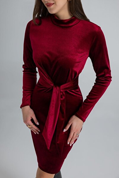 Aura 7 Collection Women's Clothing Turtleneck Front Tie Burgundy Velvet Dress...