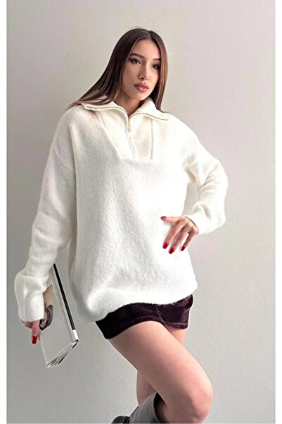 Coşkun GİYİM Women's Soft Textured Trucker Collar Zipper Detailed Sweater Ekru 2584