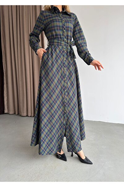 aytenli Plaid Shirt Collar Front Buttoned Waist Belted Side Pocket Top Regular Bottom Flared Maxi Length Prenium Dress