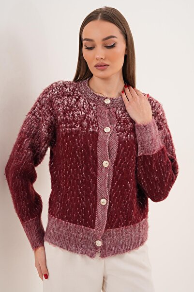 ŞİMAL Women's Gray Bearded Knitted Button Closure Knitwear Jacket 255186 -