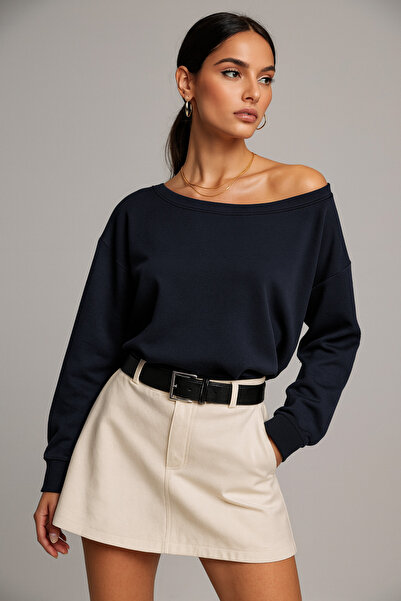 WILD BEE Women's Navy Blue Off-Shoulder Modal Blouse