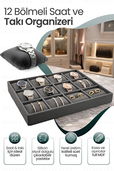 inteleven 12 Compartment Velvet Watch and Bracelet Box - Jewelry Organizer - Smoked