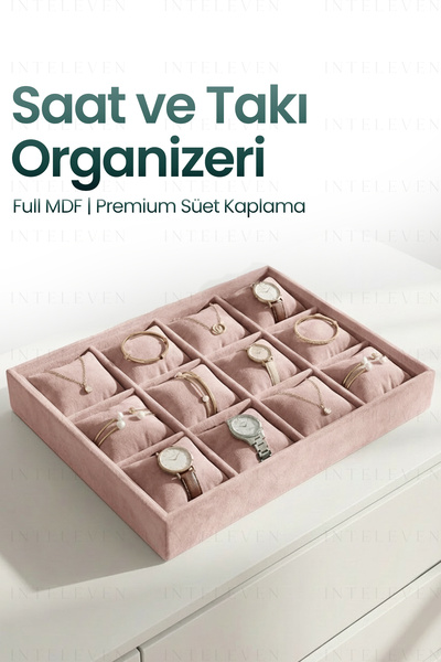 inteleven 12 Bölmeli Kadife Saat ve Bileklik Kutusu - Takı Organizeri - Pembe