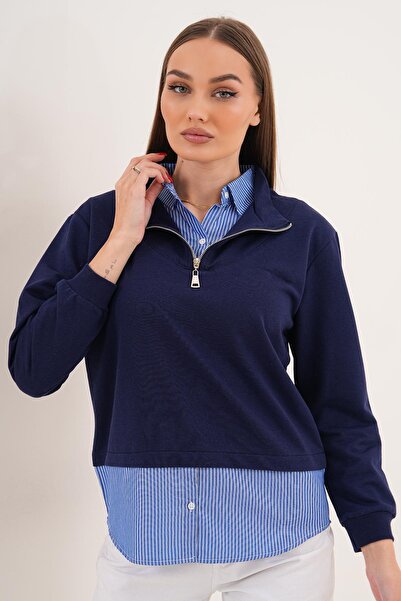 ŞİMAL Women's Striped Shirt Collar Zipper Detailed Sweatshirt 255452 -
