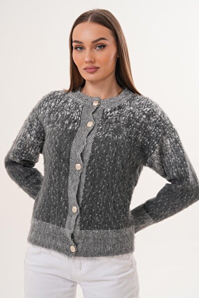 ŞİMAL Women's Gray Bearded Knitted Button Closure Knitwear Jacket 255186 -