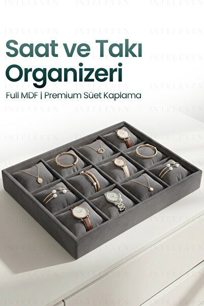 inteleven 12 Bölmeli Kadife Saat ve Bileklik Kutusu - Takı Organizeri - Füme