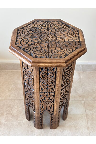 Arıkmert El Sanatları El Oyma Ceviz Ahşap Yan Sehpa 44x44x76 cm | Maraş El İş...