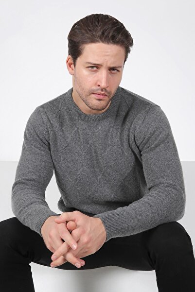 Ferraro Smoked Crew Neck Embossed Honeycomb Patterned 100% Lamb Wool Men's Knitwear Sweater