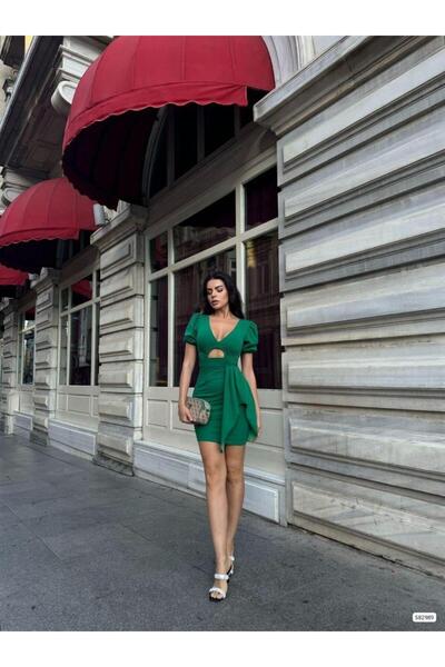 Modafeminen Low-Cut Mini Dress - Window Detail and Balloon Sleeves 582989 Green