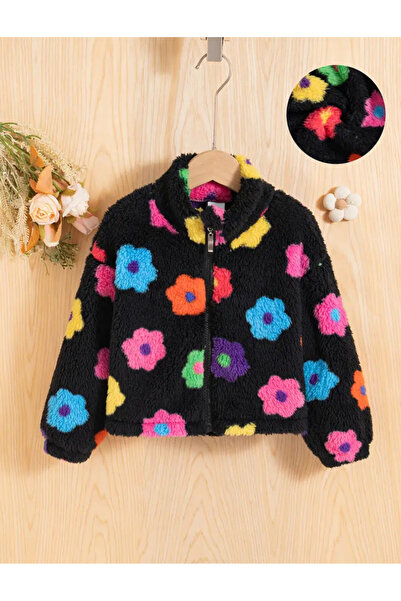 MODA Renkli çiçek desenli kız çocuk fermuarlı polar ceket