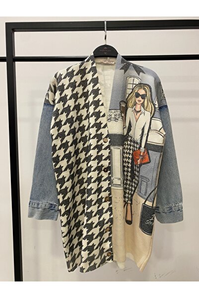 Hatun Atila Long Knit Cardigan with Denim Detail on the Sleeves - 1180