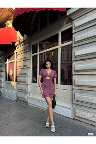 Modafeminen Low-Cut Mini Dress - Window Detail and Balloon Sleeves 582989 Gülkurusu