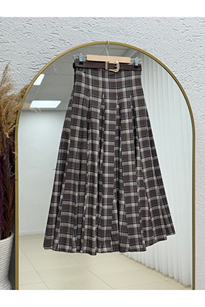 MİHRA STORE Fusta în carouri cu centură în talie Işıl Yüksel-AA4373 Maro