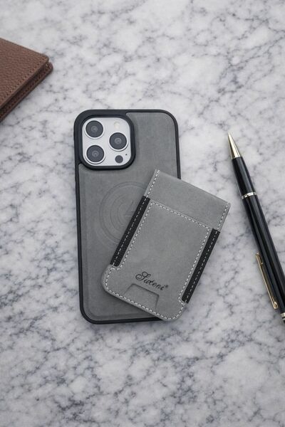 madamcase iPhone 14 Gray Color Luteni Leather with M-Safe Feature Case and Leather with M-Safe Feature Card Holder