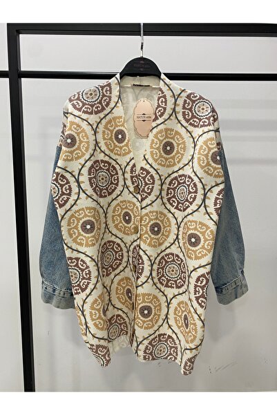 Hatun Atila Long Knit Cardigan with Denim Detail on the Sleeves - 1180