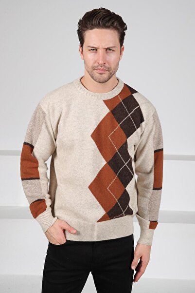 Ferraro A.Beige/Brown Crew Neck Diagonal Patterned 100% Lamb Wool Men's Knitwear Sweater