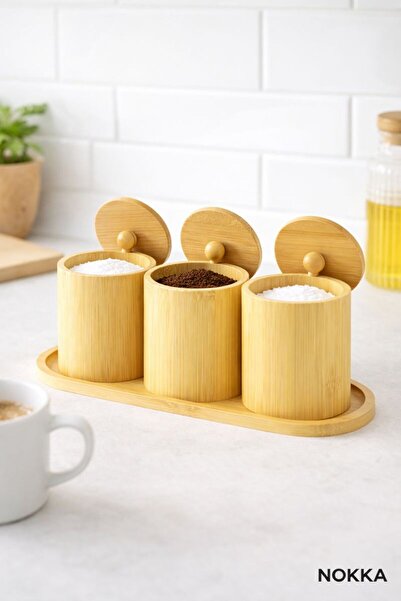 NOKKA 3'lü Bambu Kavanoz Baharatlık Şekerlik, Sunum Tepsisi