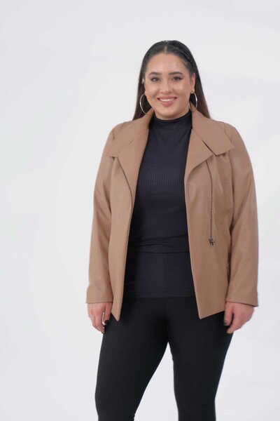 Roxxlen Plus Size Ester Zippered Leather Jacket Dark Beige