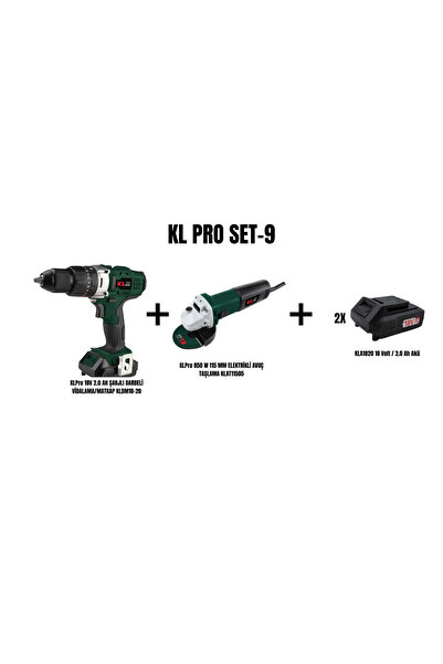 KLPRO Set-9 (ŞARJLI DARBELİ VİDALAMA/MATKAP+850 W 115 MM ELEKTRİKLİ AVUÇ TAŞL...