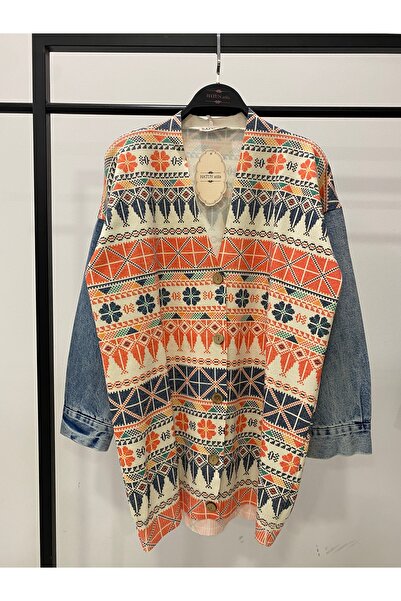 Hatun Atila Long Knit Cardigan with Denim Detail on the Sleeves - 1180