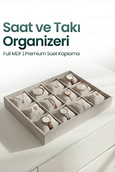 inteleven 12 Bölmeli Kadife Saat ve Bileklik Kutusu - Takı Organizeri - Krem