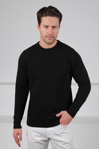 Ferraro Black Crew Neck Embossed Honeycomb Patterned 100% Lamb Wool Men's Knitwear Sweater
