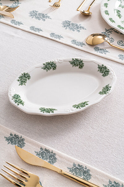 RUBİ PORSELEN Vintage Flowers Green 2-Piece Boat Plate 21 cm – Floral Patterned Porcelain Presentation Plate