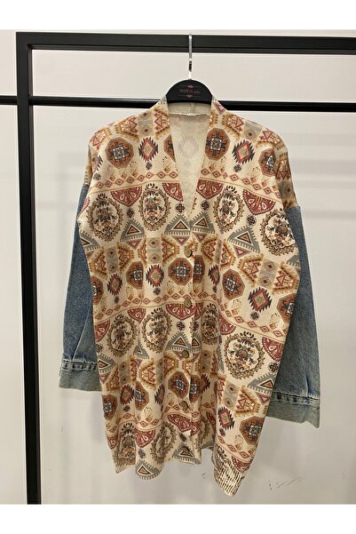 Hatun Atila Long Knit Cardigan with Denim Detail on the Sleeves - 1180