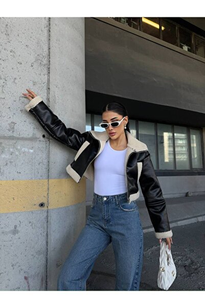 kendii modamm Kadın Kürklü Siyah Kışlık Crop Mont – Çift Taraflı Tasarım, Ove...